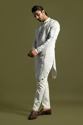 Oyster grey linen satin kurta with cream pant