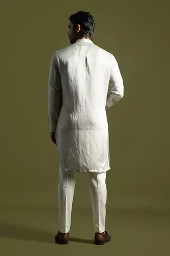 Oyster grey linen satin kurta with cream pant
