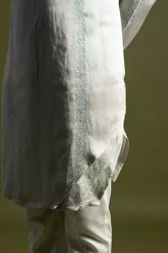 Oyster grey linen satin kurta with cream pant