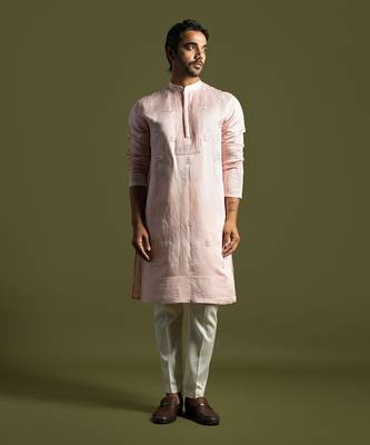 Powder pink linen satin kurta with slim fit pants 1