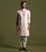 Powder pink linen satin kurta with slim fit pants