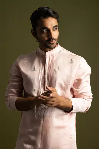 Powder pink linen satin kurta with slim fit pants