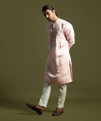 Powder pink linen satin kurta with slim fit pants 3