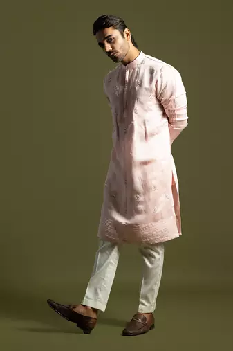 Powder pink linen satin kurta with slim fit pants