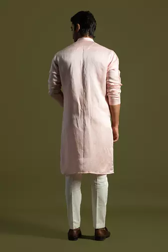 Powder pink linen satin kurta with slim fit pants