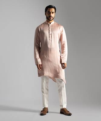 Pink linen diagonal cut kurta satin kurta with slim fit pants 1