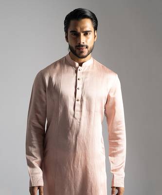 Pink linen diagonal cut kurta satin kurta with slim fit pants 2