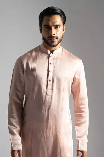 Pink linen diagonal cut kurta satin kurta with slim fit pants