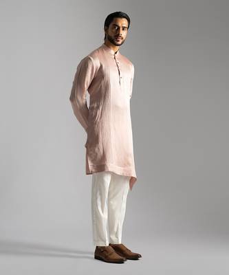 Pink linen diagonal cut kurta satin kurta with slim fit pants 3