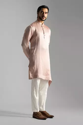 Pink linen diagonal cut kurta satin kurta with slim fit pants