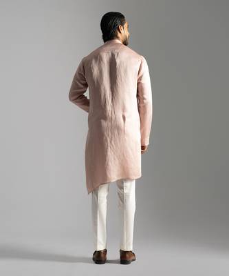 Pink linen diagonal cut kurta satin kurta with slim fit pants 4