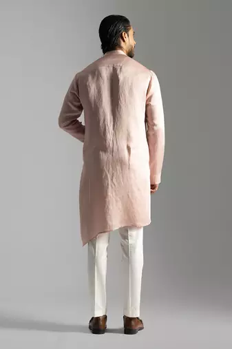 Pink linen diagonal cut kurta satin kurta with slim fit pants