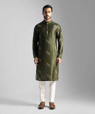 Olive green linen satin kurta with slim fit pants 1