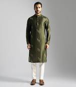 Olive green linen satin kurta with slim fit pants