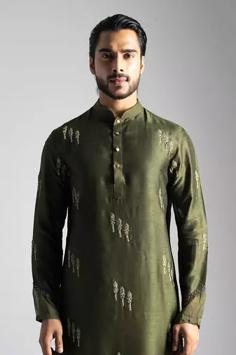 Olive green linen satin kurta with slim fit pants