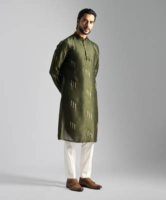 Olive green linen satin kurta with slim fit pants 3