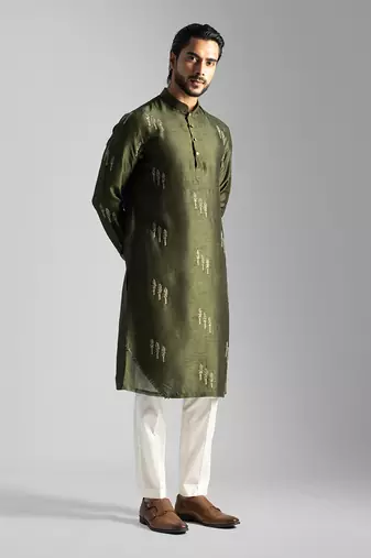 Olive green linen satin kurta with slim fit pants