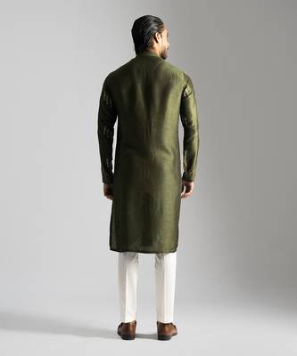 Olive green linen satin kurta with slim fit pants 4