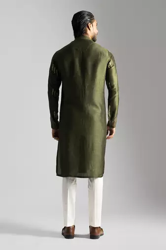 Olive green linen satin kurta with slim fit pants