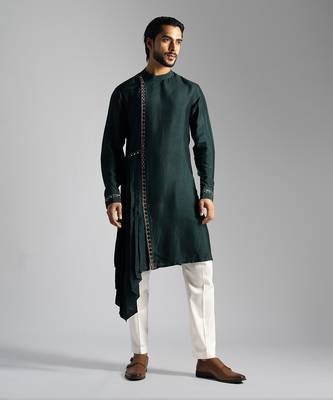 Bottle green bamberg silk drape kurta with slim fit pants 1