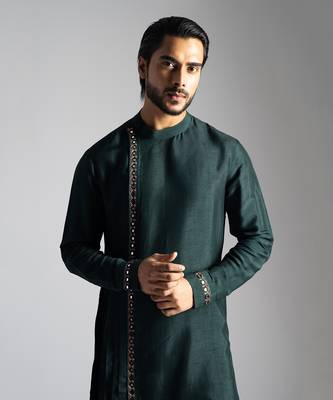 Bottle green bamberg silk drape kurta with slim fit pants 2