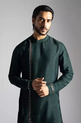 Bottle green bamberg silk drape kurta with slim fit pants