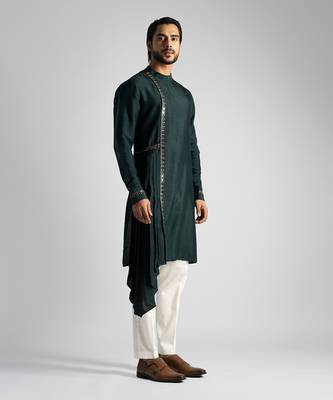 Bottle green bamberg silk drape kurta with slim fit pants 3