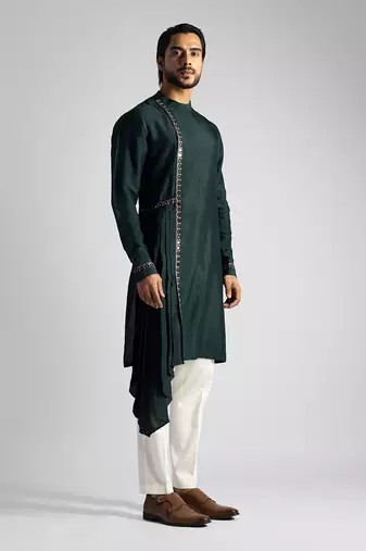 Bottle green bamberg silk drape kurta with slim fit pants