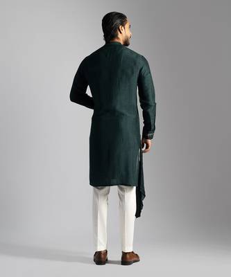 Bottle green bamberg silk drape kurta with slim fit pants 4