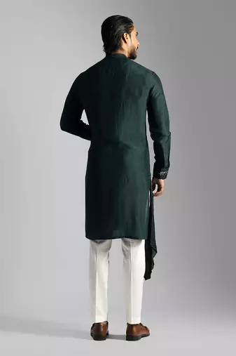 Bottle green bamberg silk drape kurta with slim fit pants