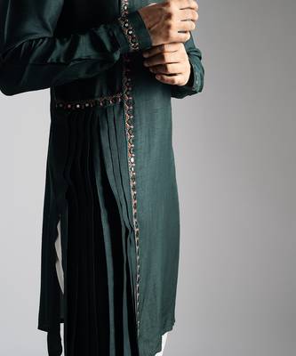 Bottle green bamberg silk drape kurta with slim fit pants 5