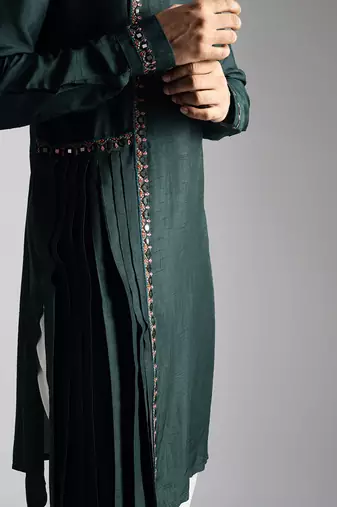 Bottle green bamberg silk drape kurta with slim fit pants