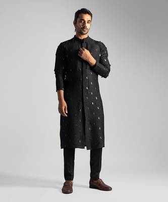 Black bamberg silk straight kurta with slim fit pants 1