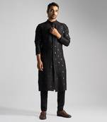 Black bamberg silk straight kurta with slim fit pants