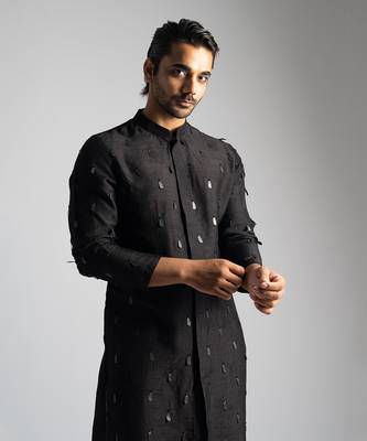 Black bamberg silk straight kurta with slim fit pants 2