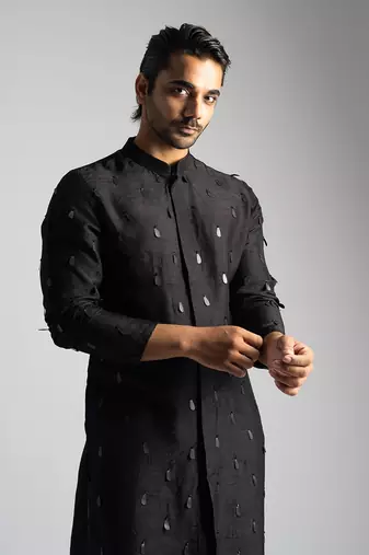 Black bamberg silk straight kurta with slim fit pants