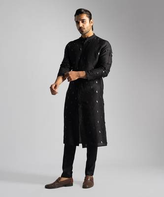 Black bamberg silk straight kurta with slim fit pants 3