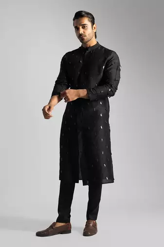 Black bamberg silk straight kurta with slim fit pants
