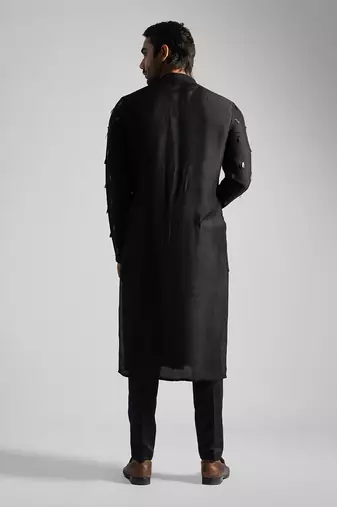 Black bamberg silk straight kurta with slim fit pants