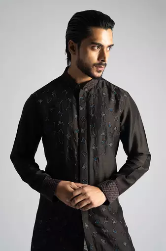Dark brown shirt kurta with slim fit pants