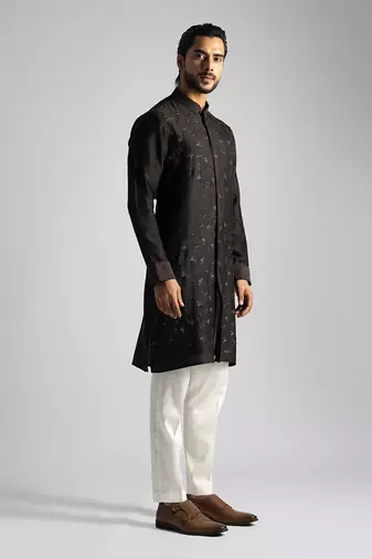 Dark brown shirt kurta with slim fit pants