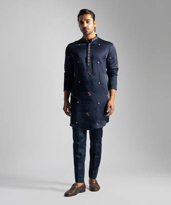 Navy blue linen satin kurta with slim fit pants 1