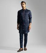 Navy blue linen satin kurta with slim fit pants