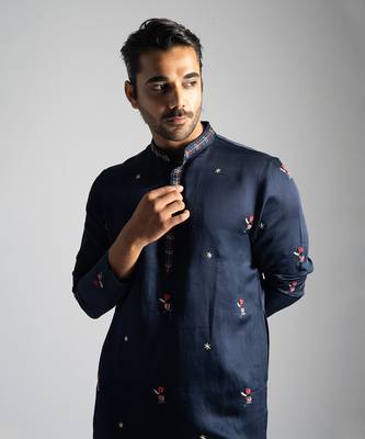 Navy blue linen satin kurta with slim fit pants 2