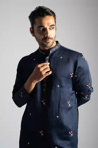Navy blue linen satin kurta with slim fit pants