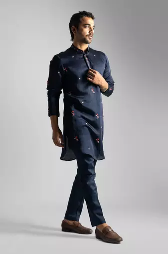 Navy blue linen satin kurta with slim fit pants