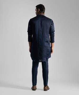 Navy blue linen satin kurta with slim fit pants 4