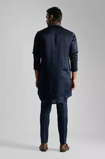 Navy blue linen satin kurta with slim fit pants