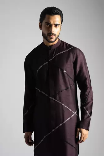Plum hued shirt kurta with slim fit pants