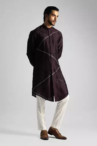 Plum hued shirt kurta with slim fit pants